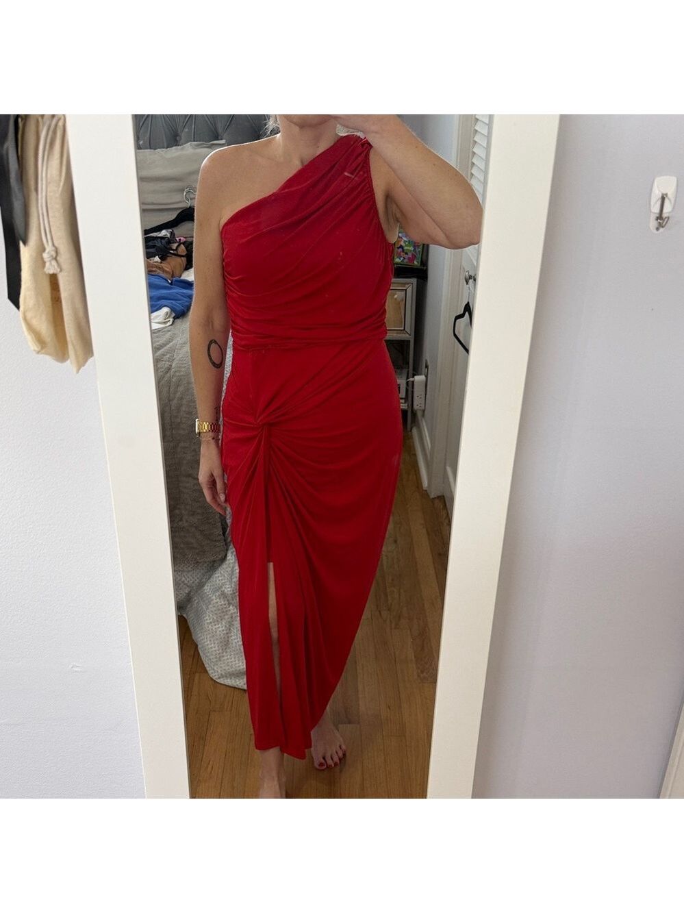 AX Paris Red One-Shoulder Ruched Midi Dress with Front Knot